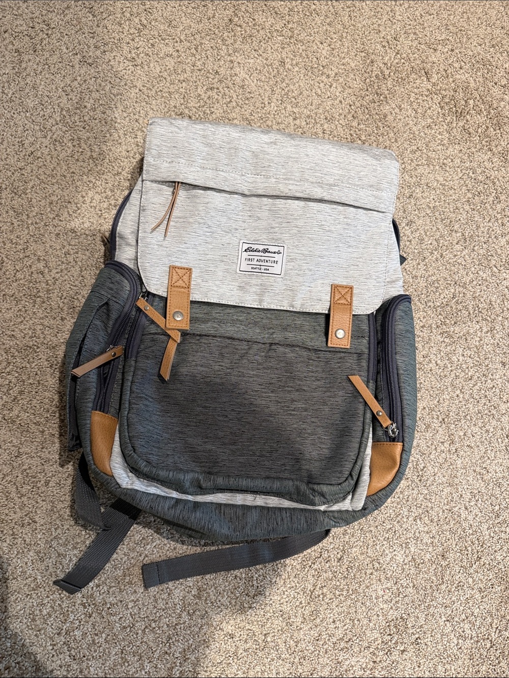 Eddie Bauer Light Gray and Dark Gray diaper Backpack with Tan Accents